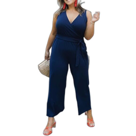 👗 The Drop L Sleeveless Wrap Jumpsuit Navy Stretch Knit @caralynmirand NWT - Picture 1 of 6